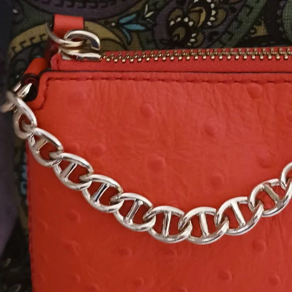 NWOT Kate Spade Red Ostrich Embossed Shoulder Bag, Gold Chain Strap - Picture 3 of 12